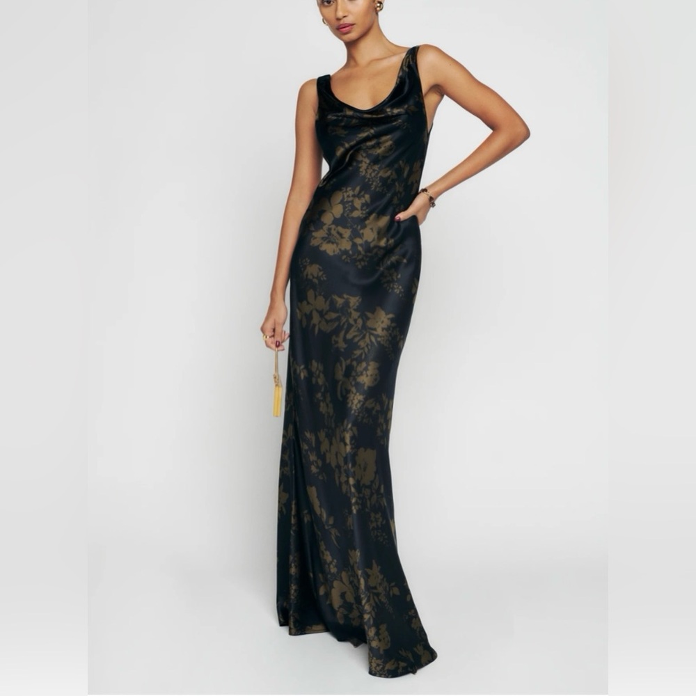 Reformation Annabelle Silk Dress Navy Gold Floral Cowl Neck Maxi